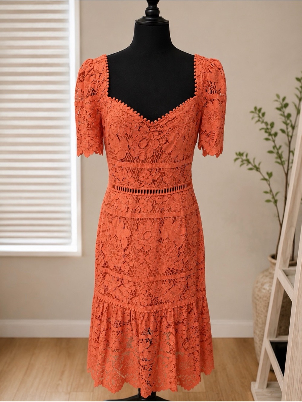 SAYLOR LOUISA Coral Lace Midi Dress with Sweetheart Neckline